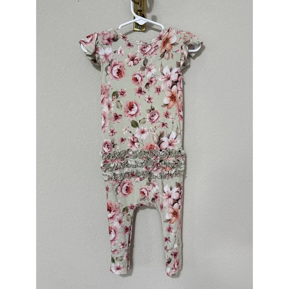 Posh Peanut Ruffled Romper Baby Girl 9-12M Sage Green Floral Bamboo Flutter